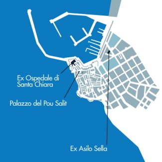 Mappa schematizzata del centro storico di Alghero con indicate le tre sedi del dipartimento